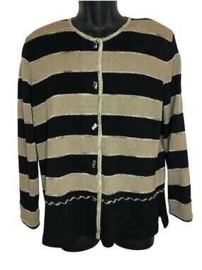 Anne Pedersen Black & Gold Striped Wool Cardigan Sweater w/Glass Buttons Size M